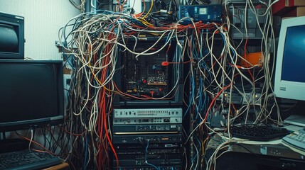 Poster - A disorganized pile of tangled wires around a malfunctioning computer tower, showcasing the challenges of managing tech equipment in a busy workspace.