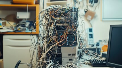 Poster - A disorganized pile of tangled wires around a malfunctioning computer tower, showcasing the challenges of managing tech equipment in a busy workspace.