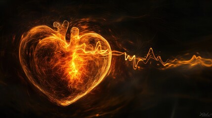 Poster - A glowing heart with a continuous electrocardiogram line flashing in sync, representing life force and vitality in the dark.