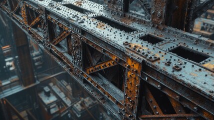 Poster - A highly detailed view of welded steel beams with intricate seams and an industrial, factory-like atmosphere.