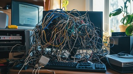 Poster - A jumbled cluster of wires wrapped around a malfunctioning computer, showing the frustration of dealing with electrical chaos and disorganization.
