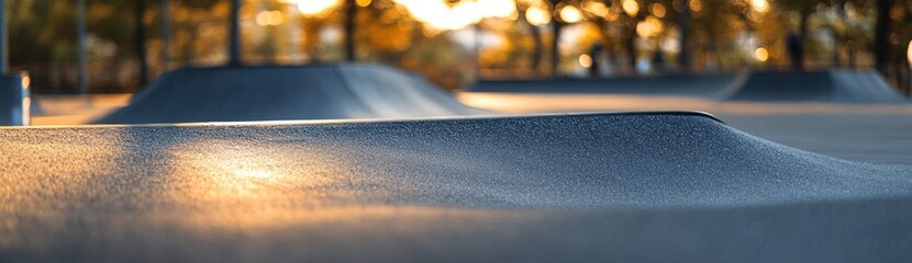 Aufkleber - A close-up view of a skatepark surface illuminated by sunset, showcasing its smooth curves.
