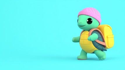 Aufkleber - A cute turtle character wearing a pink beanie and backpack, walking cheerfully.