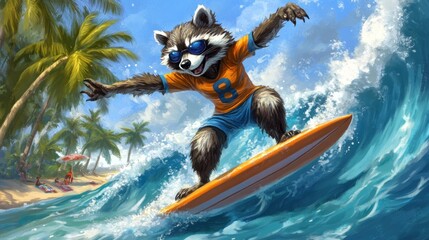 Wall Mural - A raccoon surfing on a wave, wearing sunglasses and a sporty outfit, in a tropical setting.