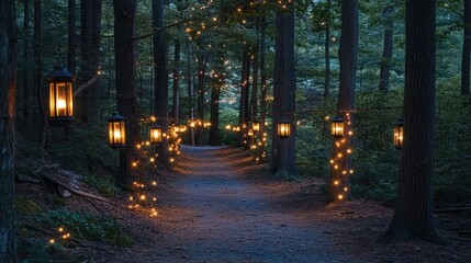 Poster - A tranquil forest path illuminated by lanterns, with a sprinkle of sparkling lights adding a mystical feel to the twilight scene.