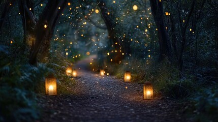 Poster - A tranquil forest path illuminated by lanterns, with a sprinkle of sparkling lights adding a mystical feel to the twilight scene.