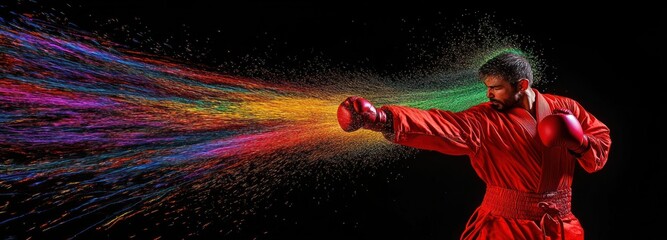 Poster - A boxer in red gloves unleashes a vibrant burst of colored powder with a powerful punch.