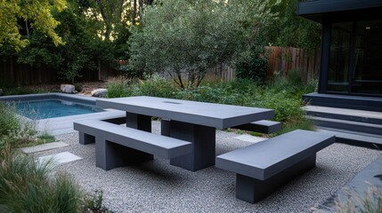 Poster - Modern outdoor dining area with a concrete table, benches, and a pool surrounded by greenery.