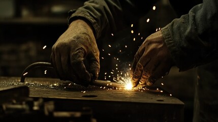 Poster - A welder hands working on a piece of metal, with sparks flying, showcasing the precision and skill involved in metalwork and welding.