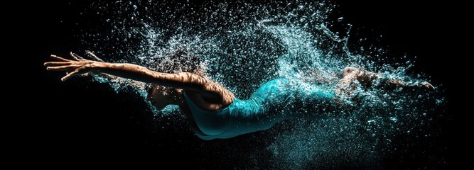 Aufkleber - A swimmer diving through water, creating dynamic splashes in a dramatic, high-contrast setting.