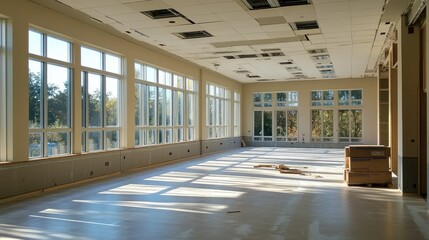 Aufkleber - A wide empty room with numerous windows, where windows are being installed on each floor, showcasing the construction phase of a building.