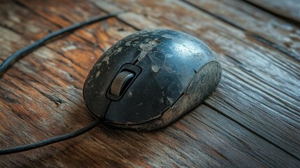 Poster - An aged computer mouse with a trackball sitting on a rough wooden floor, representing the wear and tear of technology over time.