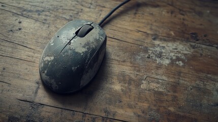 Poster - An aged computer mouse with a trackball sitting on a rough wooden floor, representing the wear and tear of technology over time.