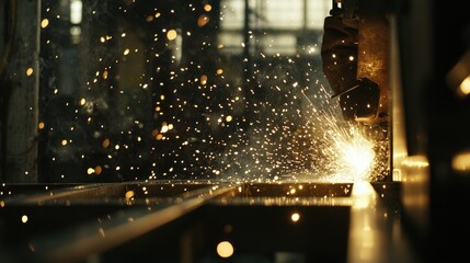 Poster - Close-up of a welder working on metal frames, with bright sparks flying, capturing the intensity of the welding process in a factory setting.