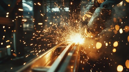 Poster - Close-up of a welder working on metal frames, with bright sparks flying, capturing the intensity of the welding process in a factory setting.