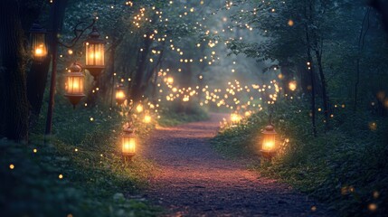 Poster - Enchanted forest pathway lit by glowing lanterns and sparkling lights, casting a soft glow in the twilight hours.