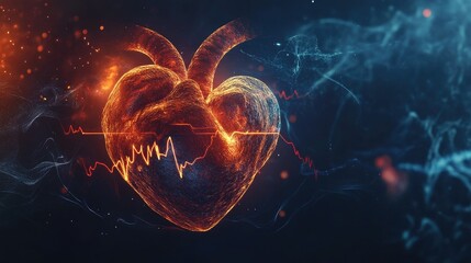Poster - Glowing heart with an ECG rhythmically pulsing, capturing the energy of life and vitality in a dark, atmospheric setting.