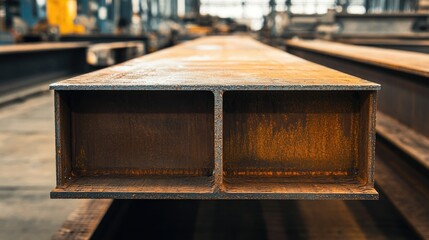 Poster - Industrial steel beams with visible welding seams, capturing the raw power and precision of construction materials on a work surface.