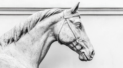 Poster - A monochrome sculpture of a horse's head, showcasing artistic detail and craftsmanship.