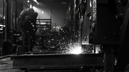 Poster - Welding sparks flying in a workshop, as a welder joins metal frames together, showcasing the industrial energy and craftsmanship.