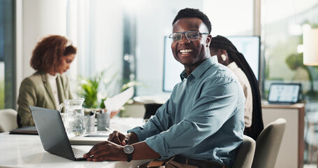Poster - Thinking, smile and black man with laptop in business office for vision, solution or idea in creative startup. Planning, computer and happy worker with reflection, insight or copywriting inspiration