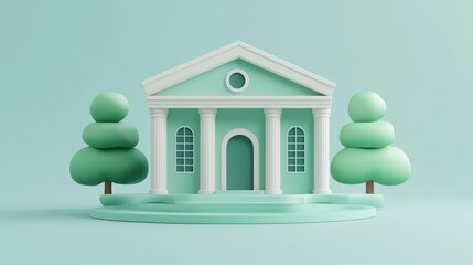 Poster - A stylized building with columns and trees, set against a soft background.