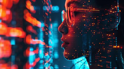 A woman wearing glasses stands before a screen with colorful lights, conveying a sense of technological advancement.