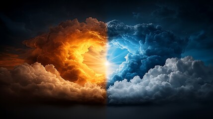 Wall Mural - majestic sky with contrasting weather patterns, half filled with fluffy white clouds in bright sunsh