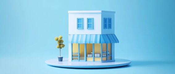 Poster - A whimsical 3D model of a small shop with a blue awning and a tree.