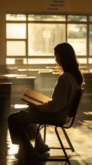 Poster - A silhouette of a person reading in a sunlit classroom, evoking a sense of calm and focus.