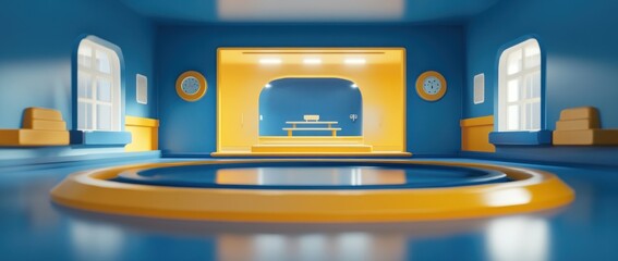 Poster - A vibrant, modern interior space featuring blue and yellow tones, designed for social interaction.