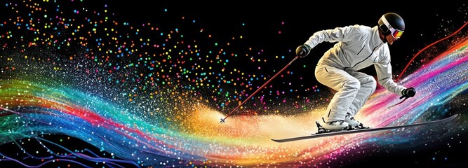 Aufkleber - A skier glides through a colorful, dynamic background, showcasing motion and energy.