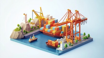 Aufkleber - A colorful 3D illustration of a shipping port with containers and cranes.