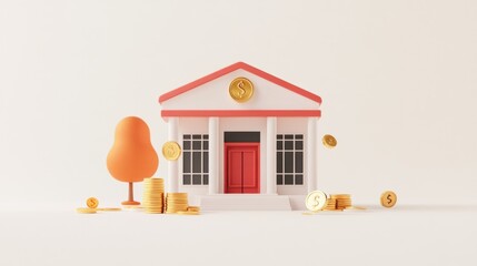 Poster - A stylized bank building with coins and a tree, symbolizing finance and savings.