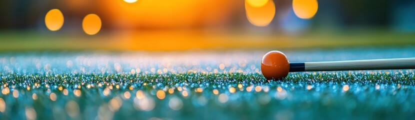 Poster - A close-up of a mallet and ball on a grassy field during sunset.