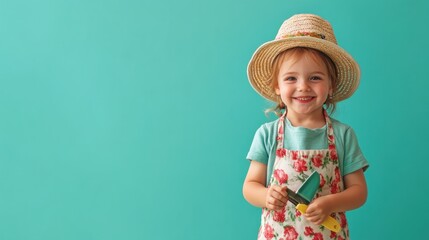 Aufkleber - A cheerful child in a floral apron and straw hat, holding gardening tools against a teal background.