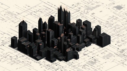 A stylized cityscape illustration featuring black skyscrapers on a technical blueprint background.