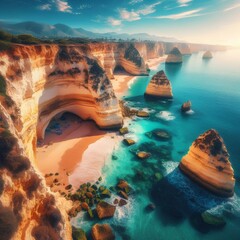 Wall Mural - Stunning cliffs and turquoise waters along Portugal's Algarve coast, perfect for beach lovers.