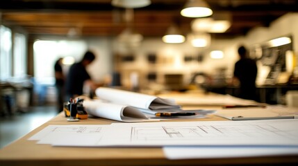 Aufkleber - A workspace featuring architectural plans and tools, highlighting design and collaboration.