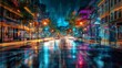 © marfuah - Vibrant city street at night, rain reflecting light trails.