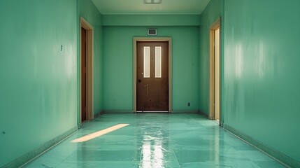 Poster - Long wall, mint-colored, light-colored floor, brown door.