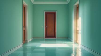 Poster - Long wall, mint-colored, light-colored floor, brown door.