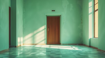 Poster - Long wall, mint-colored, light-colored floor, brown door.