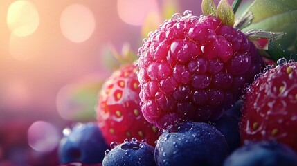 Poster - Fresh Raspberries Blueberries And Strawberries Dew Drops
