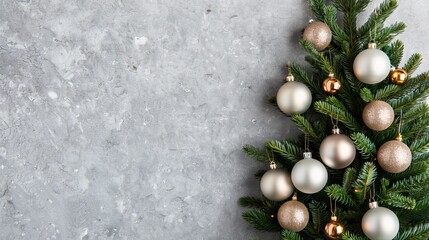 Wall Mural - festive christmas tree with ornaments on a gray backdrop.