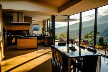 Wall Mural - Modern kitchen and dining area with large windows showcasing a scenic mountain view.