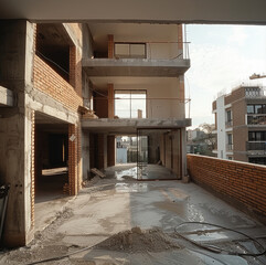 Poster - An apartment in construction that has only ground floor built with bricks and cement.