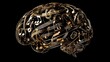 © Nail - brain made from intricate gold musical notes, Music Brain vector illustrator. music lifestyle design. Brain with music notes around, 3D rendering isolated on black background