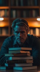 Aufkleber - A contemplative man surrounded by books, illuminated in a dimly lit library.