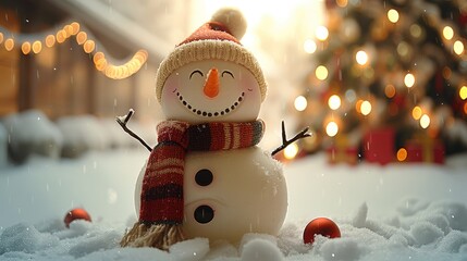 Aufkleber - A happy snowman with a hat and scarf standing in the middle, with bokeh lights, a Christmas tree behind him, white snow on the ground.